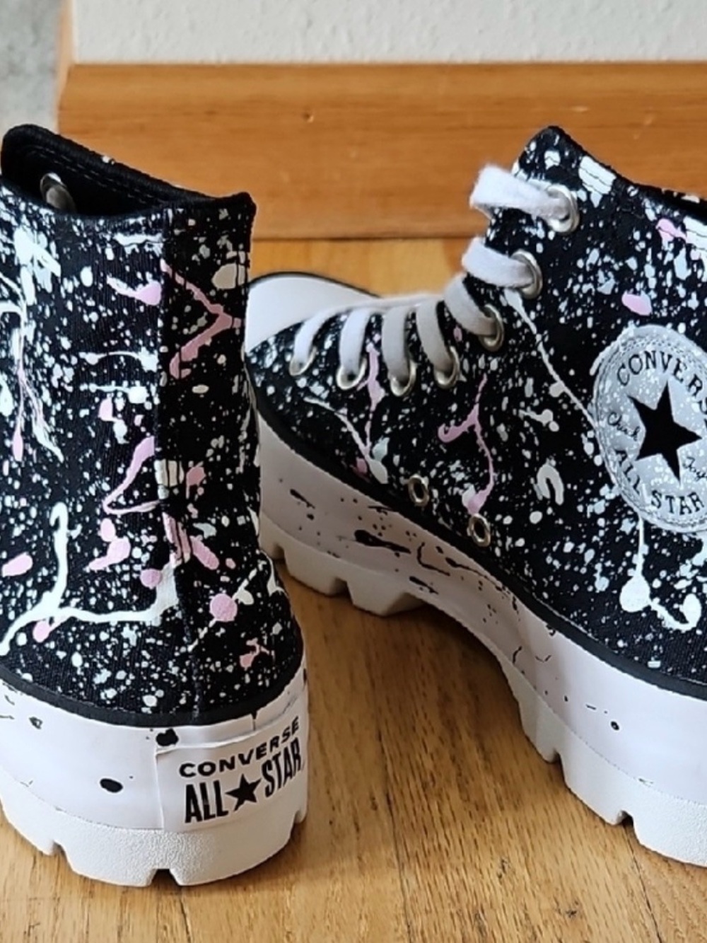 Converse Black Lugz style High-Tops w/ Pink & White Paint Splatter sz W8 - Picture 2 of 5